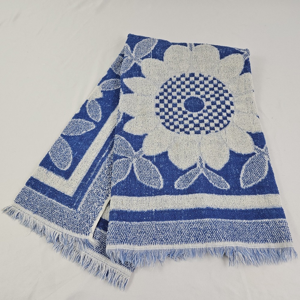 Vintage Cannon Monticello Bath Towel MCM Blue White Band Towel 38x25 Boho
